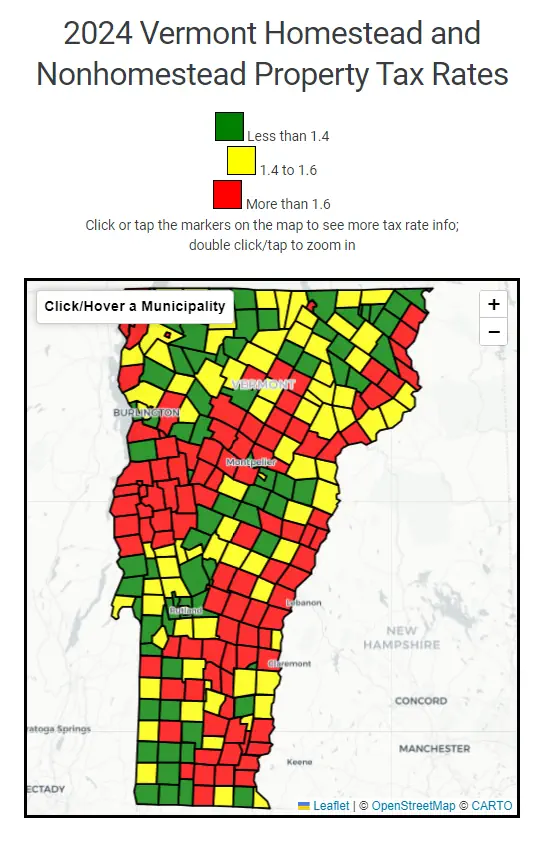 2024 Vermont Property Tax Rates by Town on a Map